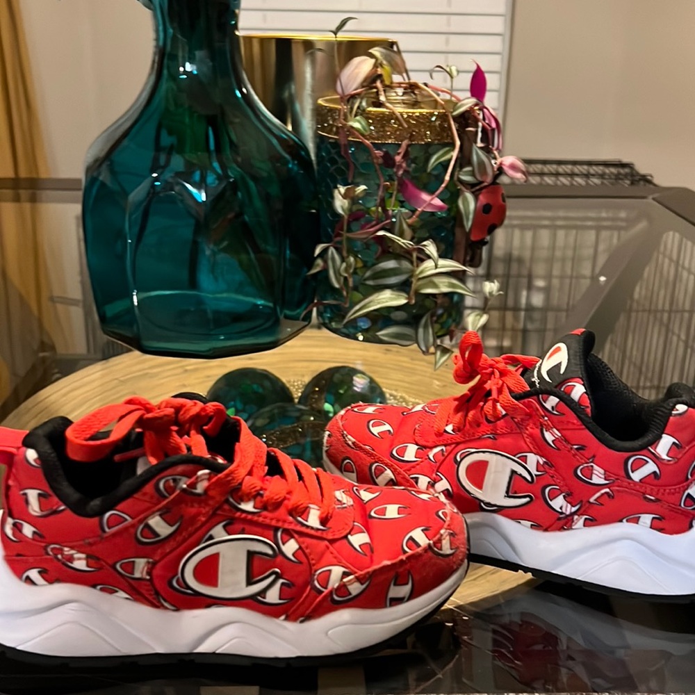 Boys size 1 red black and white in color Champion shoes